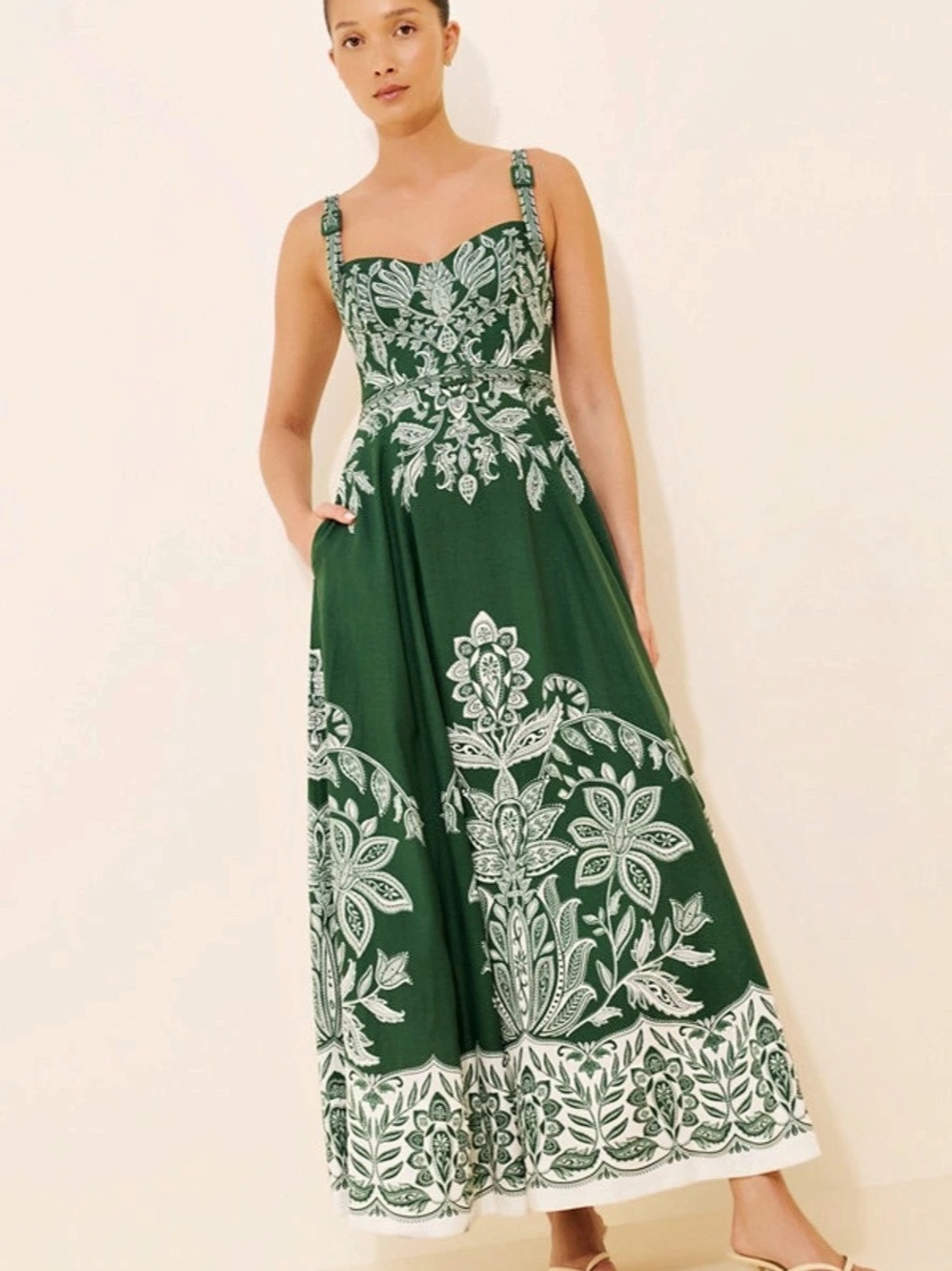 Farm Rio Floral Print Maxi Dress in Green & White Like New